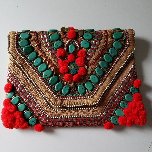 Anthropologie Beaded Pom Pom Envelope Clutch - Picture 2 of 8